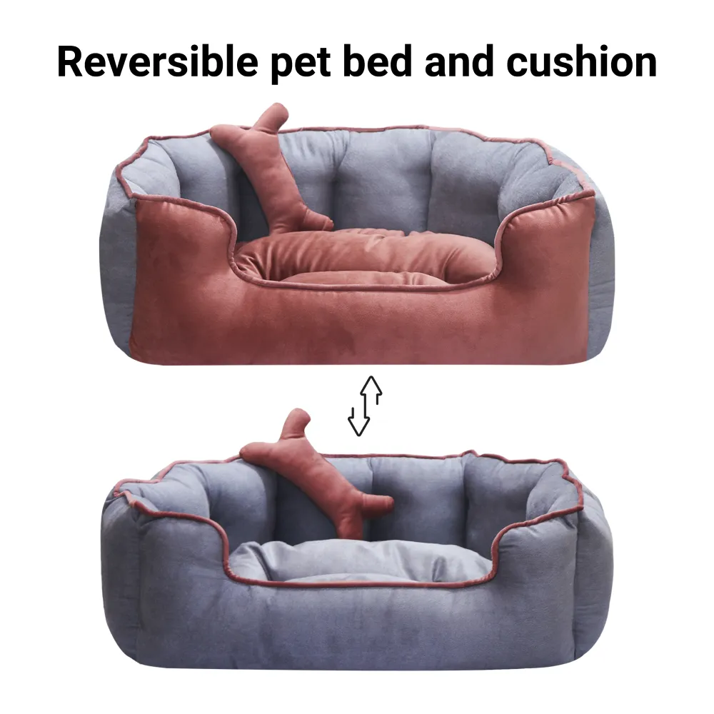 Hiputee Reversible Holland Velvet Bed for Dogs and Cats (Peach, Grey)