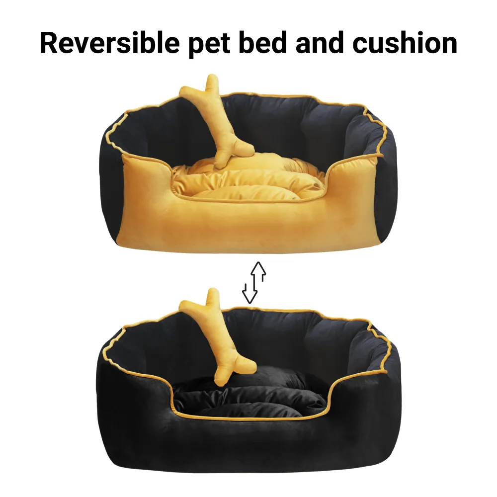 Hiputee Reversible Holland Velvet Bed for Dogs and Cats (Yellow, Black)