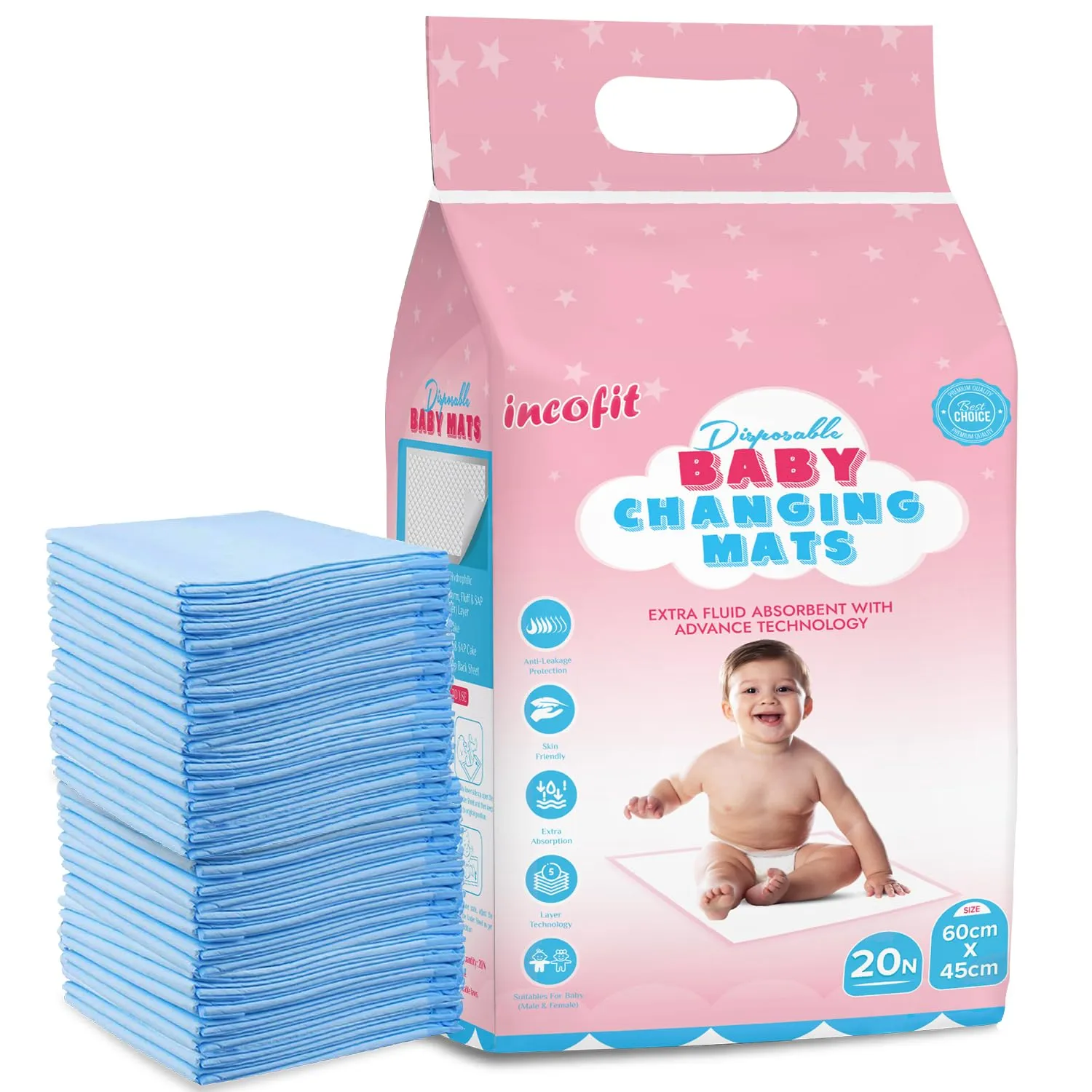 Incofit Baby Disposable Underpad | Changing Mats | Changing Pads | Baby Waterproof Pads | Waterproof Diaper | Breathable Underpads | Bed Protector With 100% Water Proof Non Slip Back Sheet -Size : 60 Cm * 45 Cm - PACK OF 1 ( 20 COUNTS )