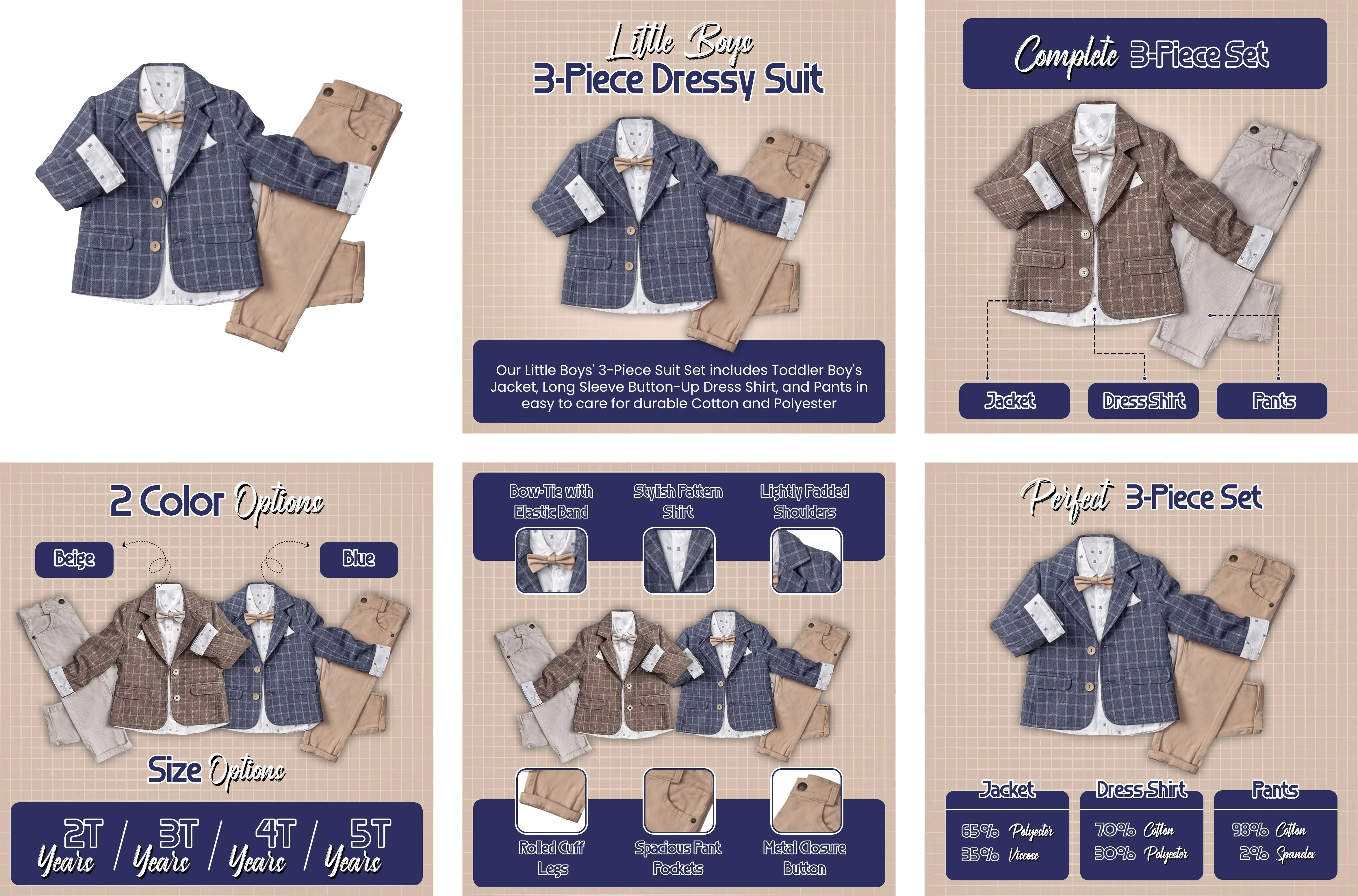 Little Boys' Jacket, Long Sleeve Button-Up Shirt and Pants 3-Piece Dressy Suit