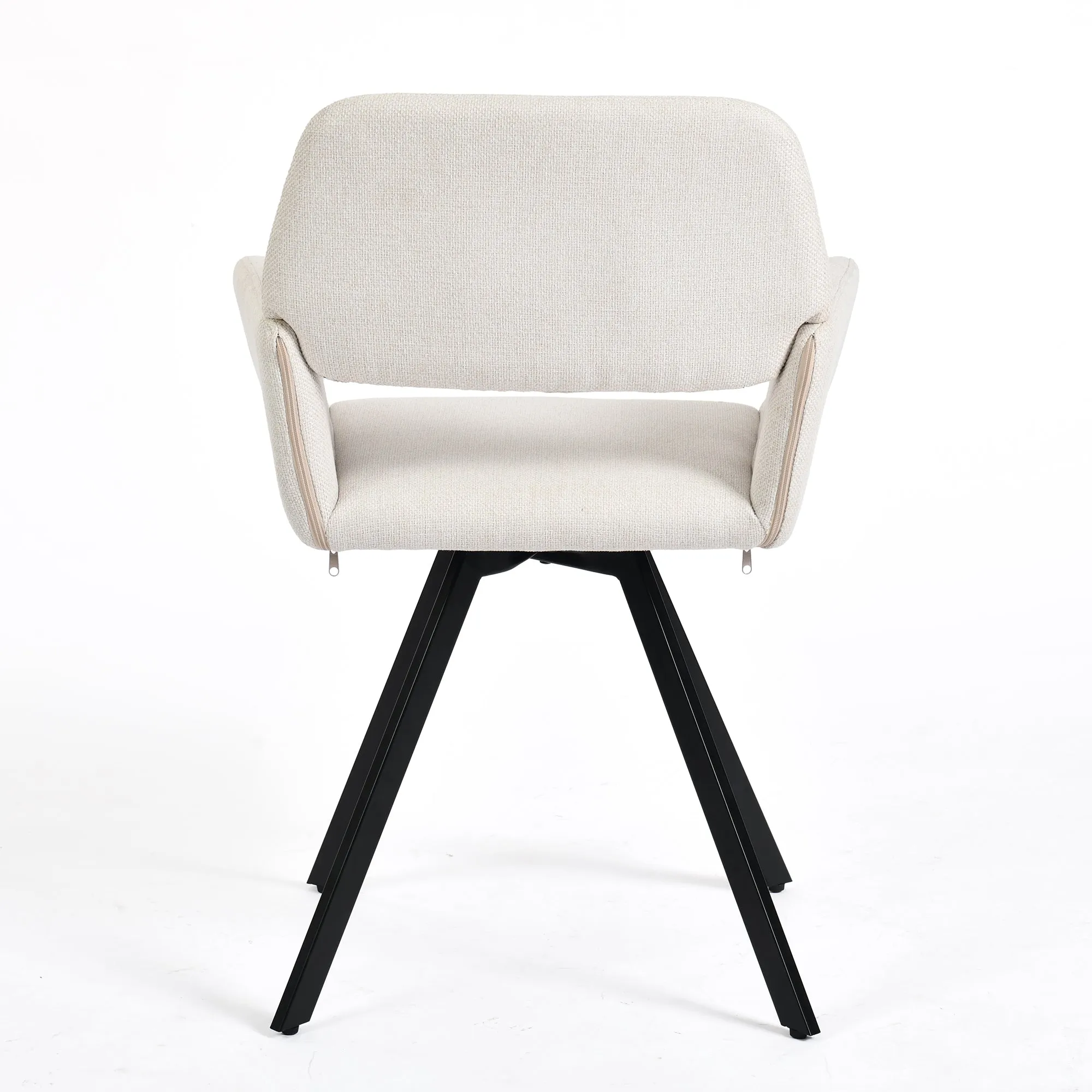 Modern Upholstered Swivel Chair - Beige Fabric Seat with Armrests, Black Metal Legs, Ergonomic Design