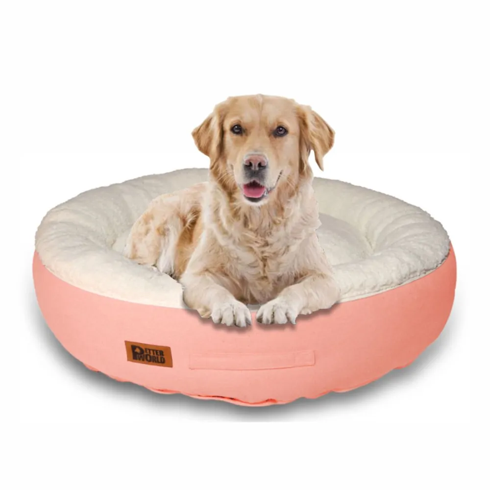 Petter World Ultra Luxury Cotton Canvas Donut Bed With Removable Sherpa Fur Cushion for Dogs (Peach Pearl)