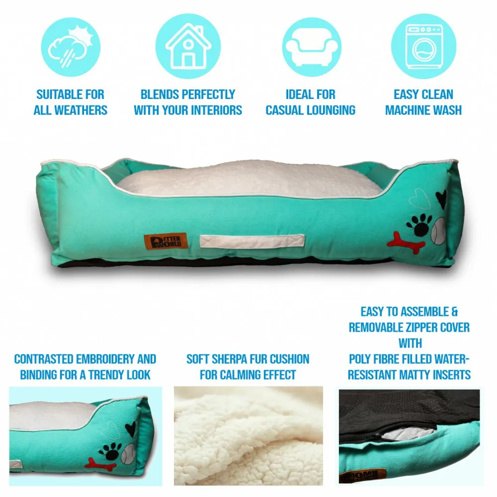 Petter World Ultra Luxury Cotton Canvas Lounger With Removable Sherpa Fur Cushion for Dogs (Turquoise)