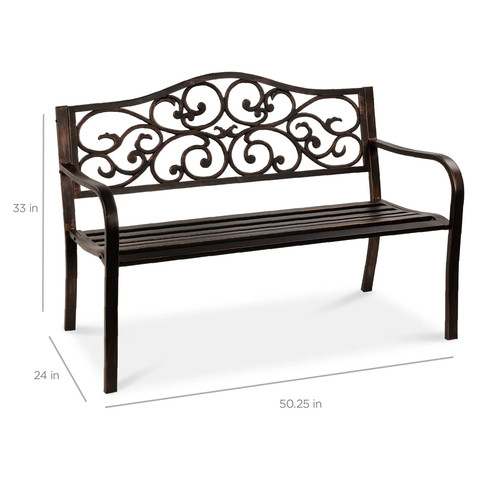 Steel Garden Bench for Outdoor Patio w/ Floral Design Backrest