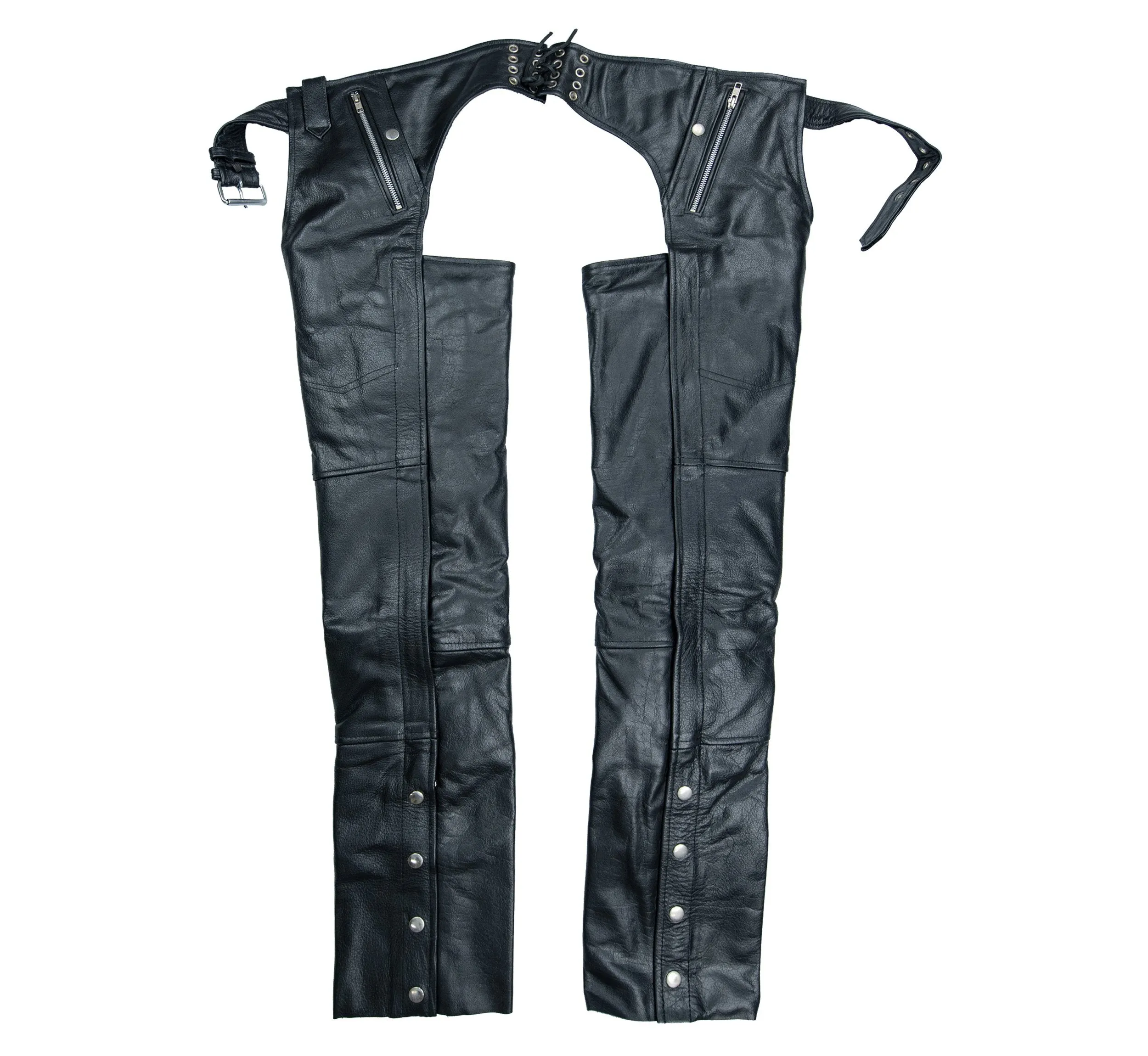 Xelement B7700 Motorcycle Leather Chaps for Men - Comfort Elastic Thigh High Grade Black Cowhide Overpants